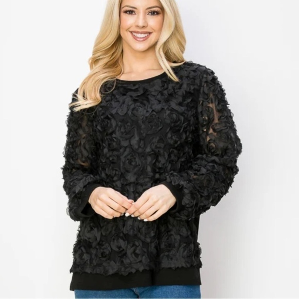 Joh Apparel Raquel Top with Lace Flower Swirls Black Cotton Size S